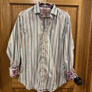 Robert Graham Striped Button Front Shirt – M – Embroidered Trim & Contrast Cuffs